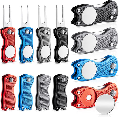 Poen 12 Pieces Golf Divot Tool with Magnetic Ball Marker and Popping Button Metal Foldable Fixer