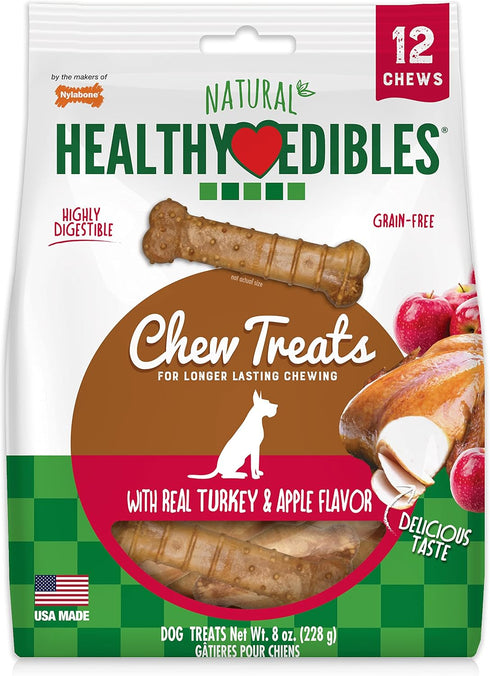 Nylabone Healthy Edibles Natural Dog Chews Long Lasting Chew Treats, Turkey & Apple Flavor, X-Small/Petite (12 Count)