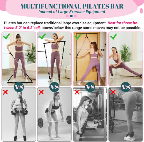 Pilates Bar Kit with Resistance Bands - Multifunctional Yoga Pilates Bar with Heavy-Duty Metal Adjustment Buckle