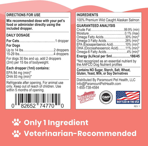 Wild Alaskan Salmon Oil for Cats and Small Dogs, Premium Quality Salmon Oil Supplement for Pets (2 Ounce)
