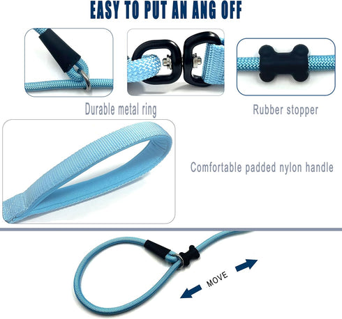 Slip Lead Dog Leash (6ft), Strong Nylon Rope Anti-Choking Outdoor Training Lead for Small Medium Large Dogs, Light Blue