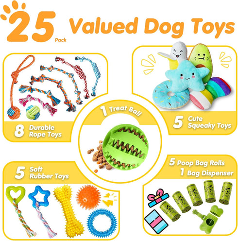 Zeaxuie 25 Pack Luxury Dog Chew Toys - Puppy Chew Toys with Ropes, Treat Ball and Squeaky Toys for Teething Small Dogs