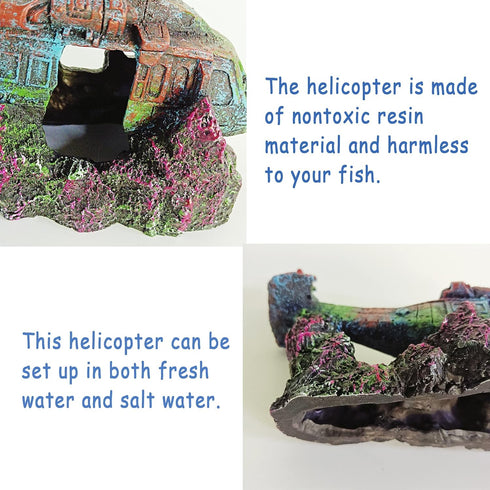 Fish Tank Decoration - Helicopter Ruins Landscaping, Fish Shrimp Shelter, Resin Stone Tank Decoration for Turtle Tanks