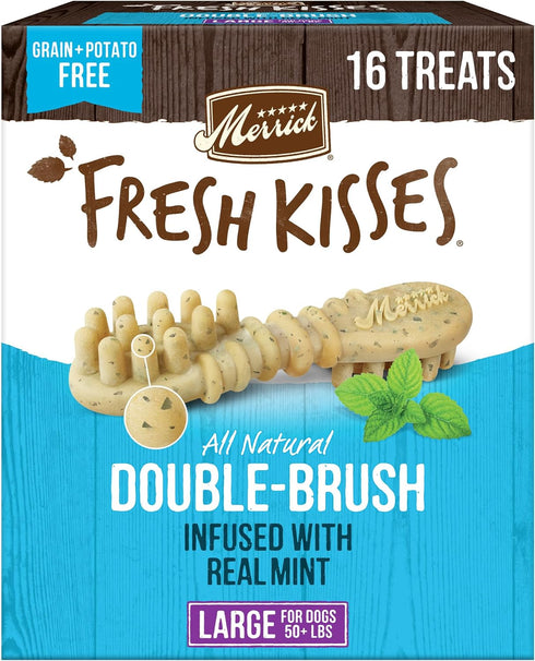 Merrick Fresh Kisses Natural Dental Chews, Toothbrush Shape Treat for Large Dogs, Infused With Real Mint, 16 ct. Box.