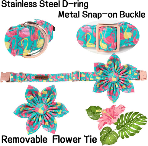 Unique Style Paws Summer Dog Collar with Floral Bow, Flamingo Bow Tie Puppy Collar, Cute Green for Small Medium Large