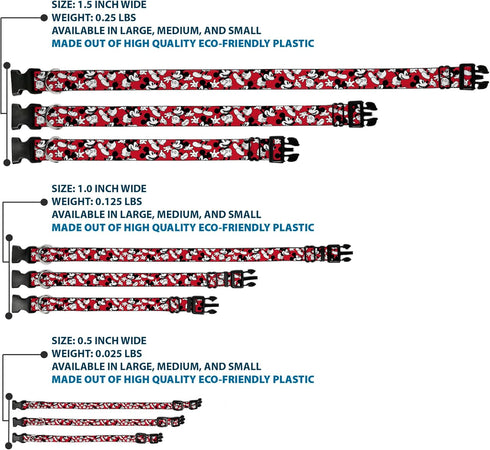 Buckle-Down Plastic Clip Collar - Mickey Mouse Poses Scattered Red/Black/White, 1.5" Wide, Fits 13-18" Neck