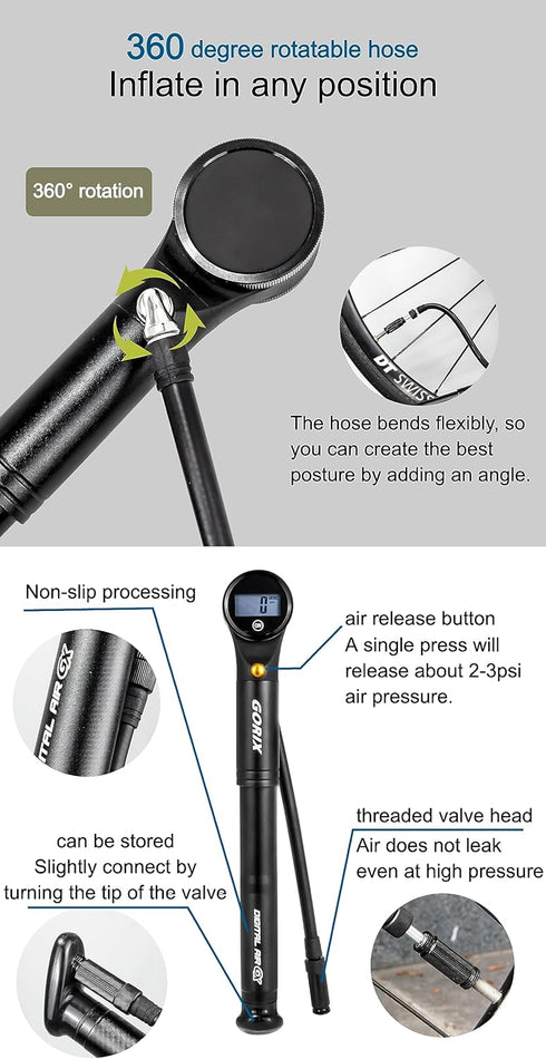 GORIX Bike Portable Pump, High Pressure 320psi Bicycle Air Pump with Digital Gauge for Presta Schraeder (GX-MPE320)