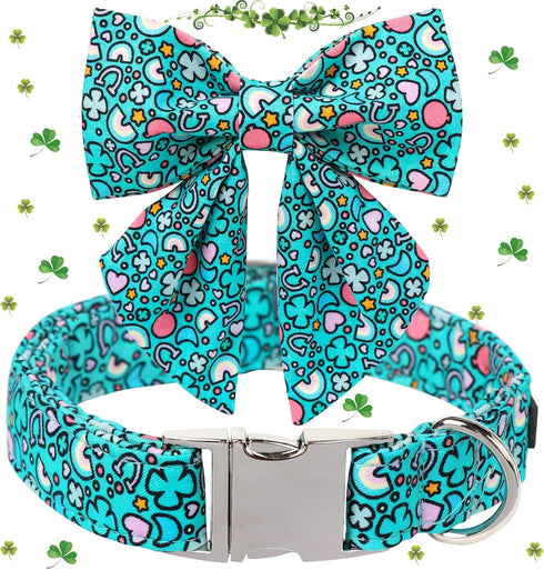 Maca Bates St.Patrick's Day Lucky Clover Dog Collar with Bow Bowtie for Dogs Sailor Bow Tie Adjustable Breakaway Green Spring Collars Accessories Gift for Small Medium Large XL Puppy
