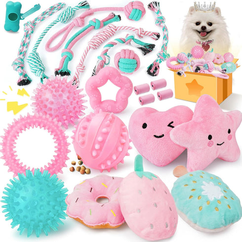 Pink Puppy Toys for Boredom - 23 Pack Chew Toys for Teething, Interactive Toys for Puppies, Cute Small Toys with Treat