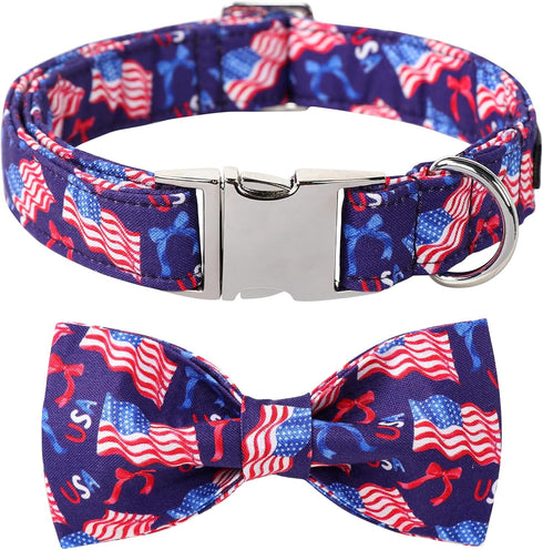 Maca Bates 4th of July Dog Collar with Bow Tie, Adjustable Breakaway Patriotic Cute Accessories for Small Medium Large