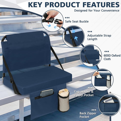 Stadium Seats for Bleachers with Back Support Bleacher Seat Soft Cushion Light Weight Includes Shoulder Strap & Cup