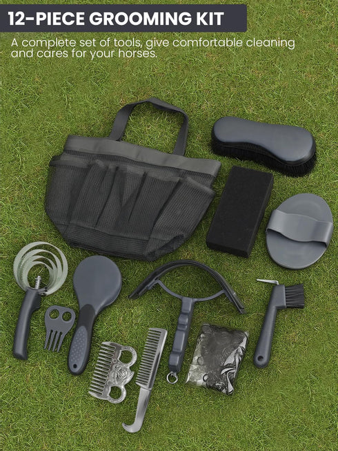 12 Set Set Horse Grooming Kit Pieces Complete Horse Brushes & Care Supplies with Organizer Tote Bag, Equine Coat