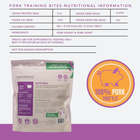 2.5 oz Momentum Carnivore Nutrition Freeze-Dried Pork Training Bites Two Ingredients-Pork Kidney and Heart, Grain-Free