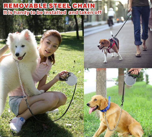 Idepet Heavy Duty Retractable Dog Leash, 16ft, Anti-Chewing Steel Chain, 360 Degree Tangle-Free, Grey, Flat Rope