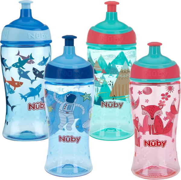 Nuby Printed Kids Pop Up Sipper Water Bottle, 12 Oz., Colors May Vary