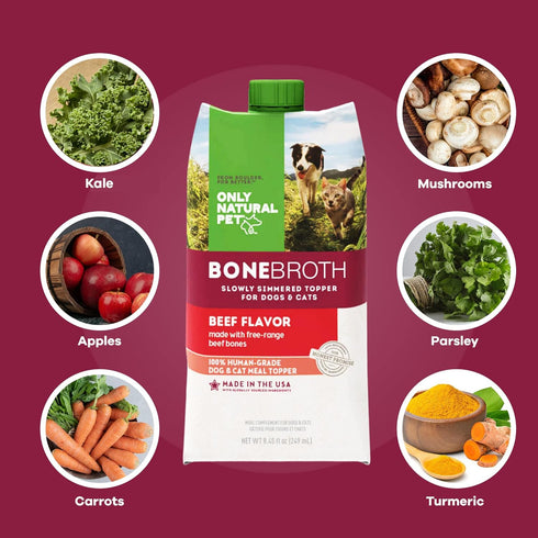 Only Natural Pet Bone Broth Beef Flavor Dog & Cat Meal Topper, 100% Human-Grade, Free-Range, 2-Pack (11.16 oz Each)