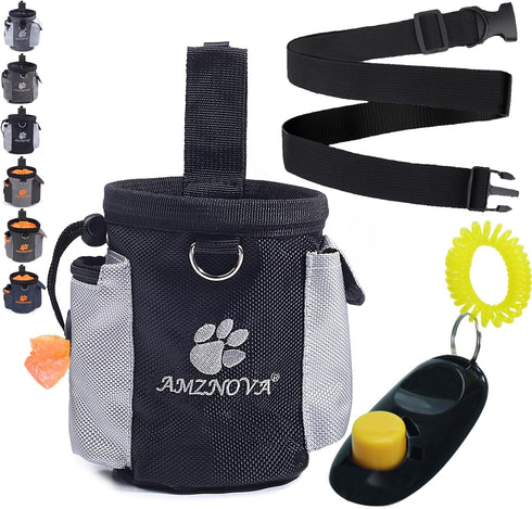 AMZNOVA Dog Treat Bag, Puppy Training Pouch, 3 Cups Snack Container for Hiking with Waistband, Black