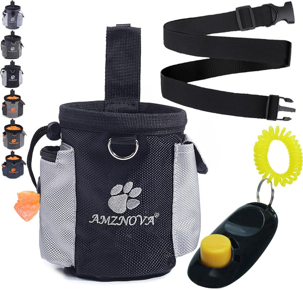 AMZNOVA Dog Treat Bag, Puppy Training Pouch, 3 Cups Snack Container for Hiking with Waistband, Black