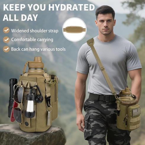 64 oz DEFUNX Half Gallon Water Bottle Insulated with Sleeve - Tactical Stainless Steel Water Jug with MOLLE Water