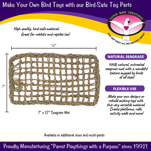 SB50008 7"x12" (3 Pack) Super Bird Creations Seagrass Mat for Cage Decor, Pet Enrichment and Boredom Relief - Versatile