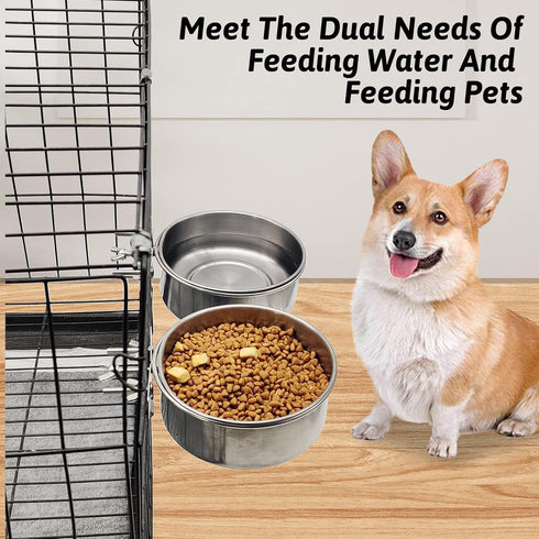 Hamiledyi 2 Pcs Dog Crate Bowl, Stainless Steel Durable Spill-Proof Hanging Water/Food Bowls for Medium Dogs