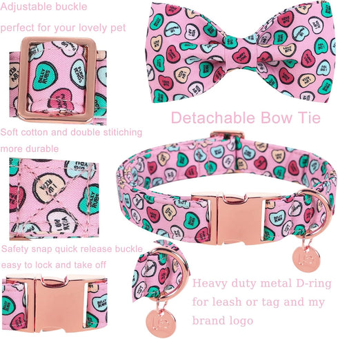 Valentine Dog Collar with Bow Tie, Cotton Pink Collar for Puppy Girl Boy Dog or Cat, XS, Neck 8-12in