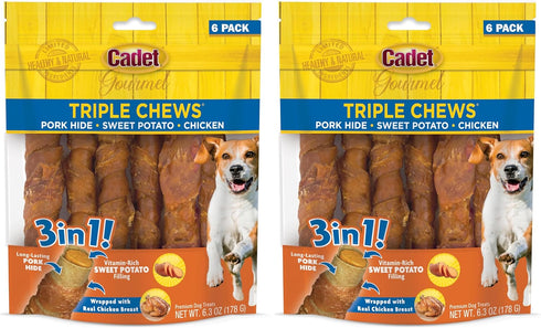 Cadet Gourmet Triple Chews Long-Lasting Pork Hide Sticks with Sweet Potato and