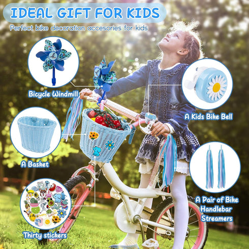 Kids Bike Basket, Woven Bicycle Basket with Stickers, Bell, Windmill, and Colorful Ribbons for Girls Boys