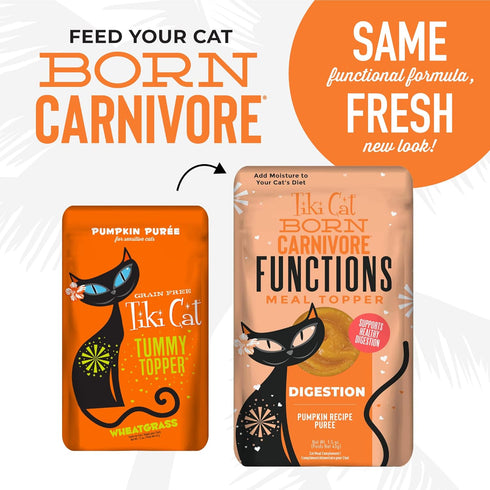 Tiki Cat Born Carnivore Functions Digestion, Pumpkin Recipe Puree, Mousse Cat Food Topper, 1.5 oz. Pouch (12 Count)