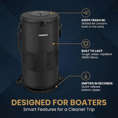 LUMERAM 2 100% 10-13 Premium Boat Trash Can with Side Pockets and Bottom Zipper Opening Odor & Leak Resistant Boat