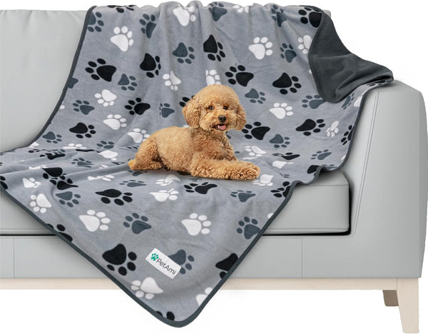PetAmi Waterproof Dog Blanket - Medium Large Dog Couch Cover, Fleece Washable Throw, 40x60 Paw Print Gray
