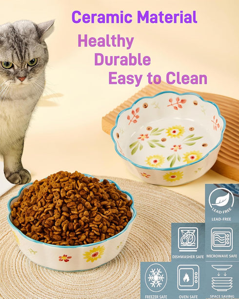 Premium Cat Food Bowl Set of 2, 6” Ceramic Cat Water Bowl, Cute Shallow Weighted Cat Dishes for Indoor Cats