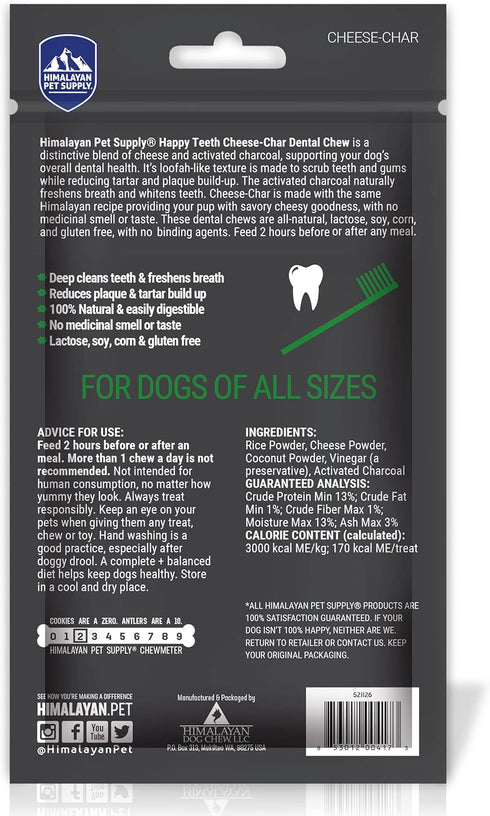 Happy Teeth Cheese & Charcoal Dental Dog Chews - Cheese Flavor with Activated Charcoal, 2 Chews per Pouch