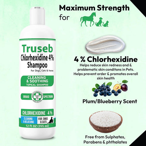 Pet Health Pharma 4% 12 oz 4% 12 oz) Truseb Topical Chlorhexidine Shampoo for Dogs, Cats, and Horses