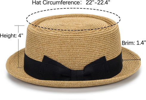 Pork Pie Hat for Men/Women, Classic Straw Boater Derby Sun Hats with Grosgrain Band