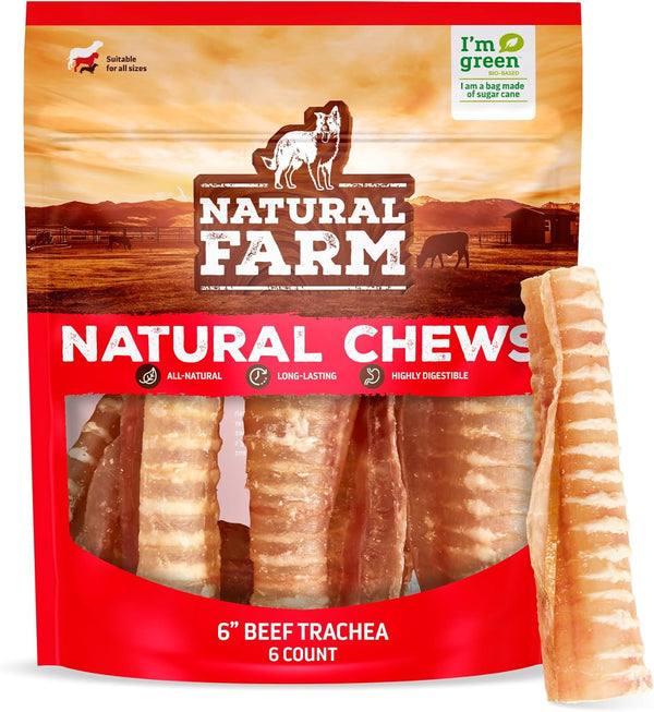 Natural Farm Beef Trachea for Dogs (6 Inch, 6 Pack)- 100% Beef,Odor