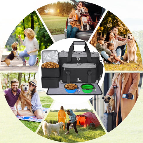 IGOLUMON Large Dog Travel Bag Set, Multi-Pockets Tote Organizer with 2 Food Containers and Bowls