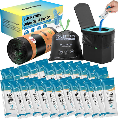 LuckyNov 25 Portable Toilet Bags with 25 Poo Gels, 8 Gallon Leak-Proof Camping