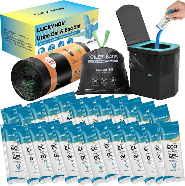 LuckyNov 25 Portable Toilet Bags with 25 Poo Gels, 8 Gallon Leak-Proof Camping