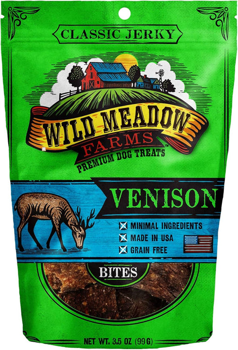 Wild Meadow Farms - Classic Venison Bites, Soft Jerky Treats for Dogs, Grain-Free & All-Natural, Ideal for Training, Portioning, and High-Value Rewards for All Breeds & Ages - 3.5 Ounce Pouch