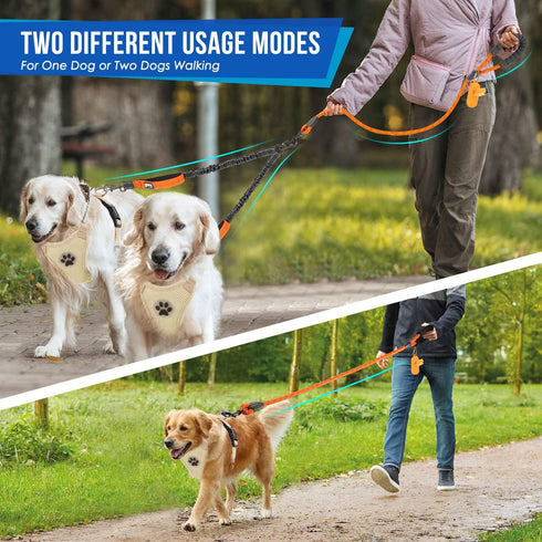 Lukovee Double Dog Leash - No Tangle 360° Swivel Heavy Duty Reflective Lead for Dogs (Orange, L)