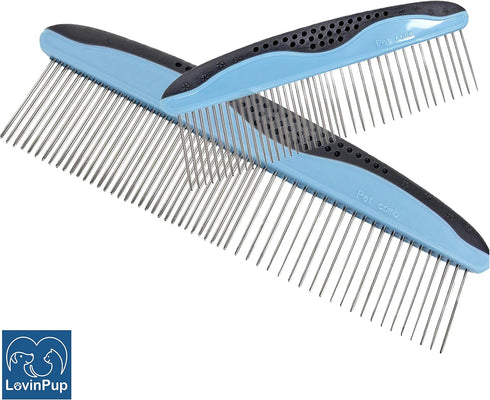 Dog Grooming Comb Set - 2 Pack with Stainless Steel Teeth, Comfort Grip Handle, Large and Small Pet Combs
