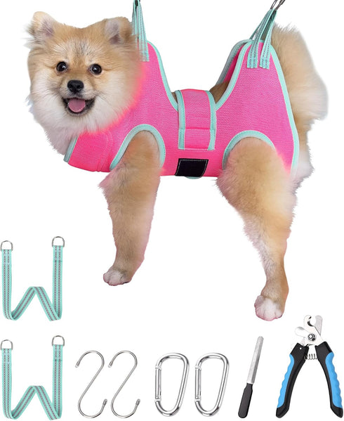 Dog Grooming Hammock - 2024 New Barbie Pink Hanging Harness for Nail Clipping/Trimming, Thick Fabric Neck Support