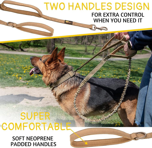 Heavy Duty Bungee Dog Leash 6 ft - 7.5 ft for Large Medium Dogs, No Pull, Reflective, Tactical, Coyote Brown