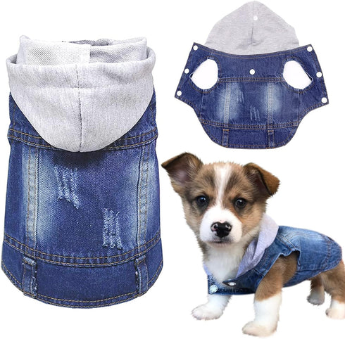 SILD Pet Clothes Cool Blue Denim Jacket for Small Medium Dogs - Vintage Washed Lapel Vests Hoodies