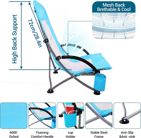 (1-Pack Beach Chairs Beach Chairs for Adults Folding Camping Chair with High Mesh Back w/Carry Bag and Cup Holder