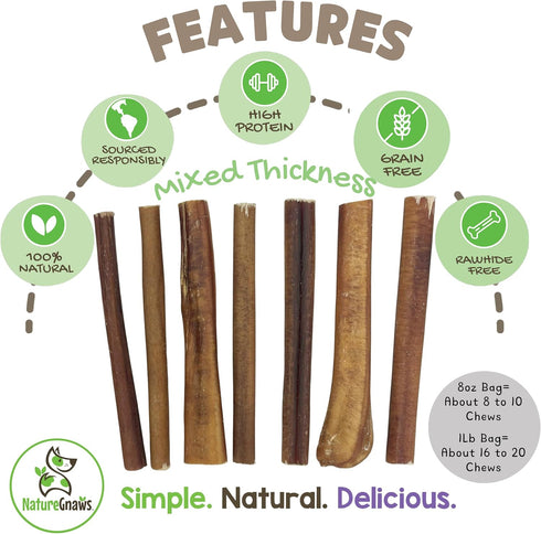 Nature Gnaws Bully Sticks for Dogs 5-6" (8oz) - Long Lasting Natural Beef Chew Bones for Large Dogs