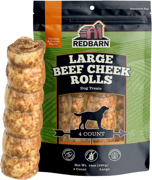 Redbarn All-Natural Large Beef Cheek Rolls for Dogs, Chicken & Carrot Glazed - 4 Pack, Grain-Free Chew Treat