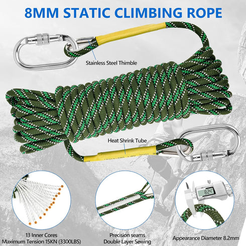 NTR Orange/Black/Blue Climbing Rope 10M(32ft) 20M(64ft) 30M(96ft) 50M(160ft), 8MM Static Rock Climbing Rope with 2