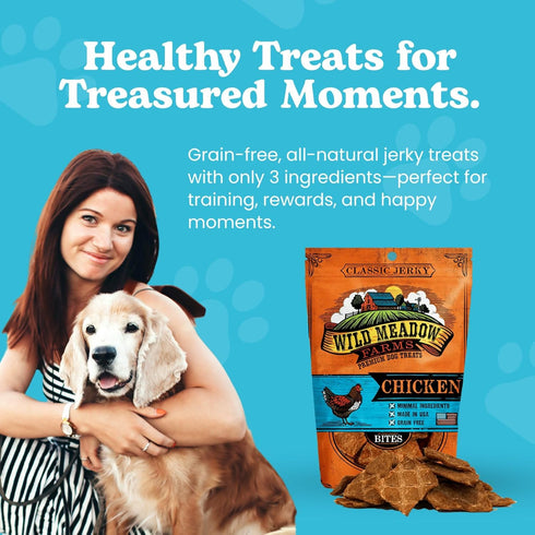 Wild Meadow Farms Classic Chicken Bites, Grain-Free Soft Jerky Treats for Dogs, 3.5 Ounce Pouch, All-Natural, Ideal for